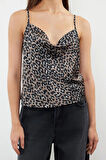 Moda Degaje Yaka Dokuma Regular Animal Desen Şık gece Crop Askılı Kol Bluz