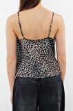 Moda Degaje Yaka Dokuma Regular Animal Desen Şık gece Crop Askılı Kol Bluz