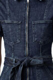 Kadın Moda Standart Kol Geniş Paça Gömlek Yaka Düz Desen Uzun Kuşaklı Denim Tulum