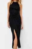 Moda Stil Fitted Halter Yaka Midi Boy Vücuda Oturan Örme Parıltılı Pul Payet Şık Abiye Elbise
