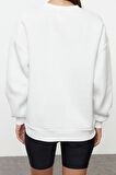Bol Bisiklet Yaka Düşük Kol Uzun Slogan Baskılı Geniş Kalıp Kalın İçi Polarlı Örme Sweatshirt