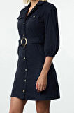 Moda Stil Regular Ceket Yaka Mini Boy Bağlama Detaylı Dokuma Elbise