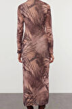 Moda Stil Slim Dik Yaka Maxi Boy Soyut Bodycone Büzgü Drape Örme Elbise