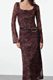 Moda Stil Slim Kare Yaka Maxi Boy Leopar Desenli Bodycone Vücuda Oturan Örme Elbise