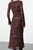 Moda Stil Slim Kare Yaka Maxi Boy Leopar Desenli Bodycone Vücuda Oturan Örme Elbise
