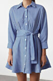 Moda Stil Regular Gömlek Yaka Mini Boy Kuşaklı Çizgili Dokuma Gömlek Elbise