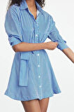 Moda Stil Regular Gömlek Yaka Mini Boy Kuşaklı Çizgili Dokuma Gömlek Elbise