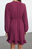 Moda Stil Regular Kruvaze Mini Boy Kuşaklı Dokuma Volanlı Elbise
