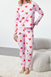 Tarz Rahat Uzun Kollu Boru Paça %100 Pamuklu Kalpli Örme Pijama Takımı