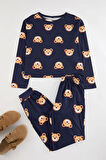 Tarz Rahat Uzun Kollu Boru Paça %100 Pamuklu Ayıcık Desenli Örme Pijama Takımı