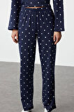 Tarz Rahat Uzun Kollu Boru Paça %100 Pamuklu Puantiye ve Kalp Desenli Örme Pijama Takımı
