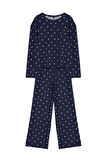 Tarz Rahat Uzun Kollu Boru Paça %100 Pamuklu Puantiye ve Kalp Desenli Örme Pijama Takımı