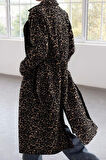 Tasarım Astarlı Yaka Uzun Regular Ceket Kadın Leopar Desenli Yünlü Uzun Kaban