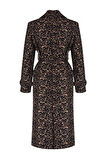 Tasarım Astarlı Yaka Uzun Regular Ceket Kadın Leopar Desenli Yünlü Uzun Kaban