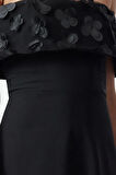 Moda Stil Fitted Carmen Yaka Midi Boy 3 Boyutlu Çiçek Detaylı Şık Abiye Elbise