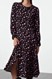 Moda Stil Regular Bisiklet Yaka Midi Boy Çiçekli Dokuma Elbise