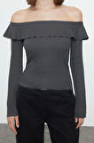 Stil Kadın Fitted Vücuda Oturan Cut Out Detaylı Fitilli Esnek Bluz Crop Örme Slim Kalıp Düşük Kol