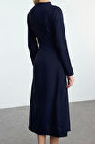 Moda Stil Regular Bisiklet Yaka Midi Boy Shift Düz Kesim Saten Dokuma Elbise