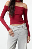 Stil Kadın Carmen Yaka Choker Detaylı Fitted Vücuda Oturan Fitilli Bluz Crop Örme Slim Kalıp