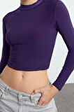 Stil Kadın Fitted Vücuda Oturan Kol Büzgülü Esnek Bluz Crop Örme Slim Kalıp
