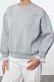 Relaxed Bisiklet Yaka Düşük Kol Dokuma Detaylı Rahat Kalıp Kalın İçi Polarlı Örme Sweatshirt