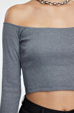 Stil Kadın Fitted Vücuda Oturan Fitilli Esnek Bluz Super Crop Örme Slim Kalıp Düşük Kol