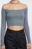 Stil Kadın Fitted Vücuda Oturan Fitilli Esnek Bluz Super Crop Örme Slim Kalıp Düşük Kol