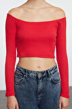Stil Kadın Fitted Vücuda Oturan Fitilli Esnek Bluz Super Crop Örme Slim Kalıp Düşük Kol