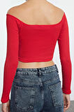 Stil Kadın Fitted Vücuda Oturan Fitilli Esnek Bluz Super Crop Örme Slim Kalıp Düşük Kol