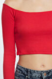 Stil Kadın Fitted Vücuda Oturan Fitilli Esnek Bluz Super Crop Örme Slim Kalıp Düşük Kol