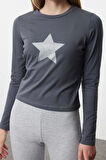 Stil Kadın Fitted Vücuda Oturan Baskılı Pamuklu Esnek BluzBluz Crop Örme Slim Kalıp