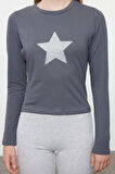 Stil Kadın Fitted Vücuda Oturan Baskılı Pamuklu Esnek BluzBluz Crop Örme Slim Kalıp
