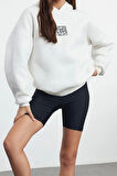 Tarz Bol Kapüşonlu Düşük Kol Uzun Geniş Kalıp Nakışlı Kalın İçi Polarlı Örme Sweatshirt