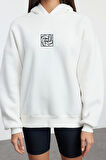 Tarz Bol Kapüşonlu Düşük Kol Uzun Geniş Kalıp Nakışlı Kalın İçi Polarlı Örme Sweatshirt