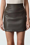Modern Tarz Astarsız Örme Mini Boy Suni Deri Yüksek Bel Etek