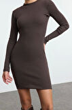 Moda Stil Slim Dik Yaka Mini Boy Vücuda Oturan Fitilli Esnek Örme Kalem Elbise