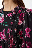 Moda Stil Regular Bisiklet Yaka Uzun Tesettür Çiçek Desenli Fırfırlı Dokuma Elbise