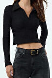 Stil Kadın Dokulu Kumaş Fitted Vücuda Oturan Bluz Crop Örme Slim Kalıp
