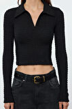 Stil Kadın Dokulu Kumaş Fitted Vücuda Oturan Bluz Crop Örme Slim Kalıp
