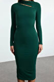 Moda Stil Slim Dik Yaka Midi Boy Cut Out Detaylı Fitted Vücuda Oturan Esnek Örme Elbise