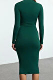 Moda Stil Slim Dik Yaka Midi Boy Cut Out Detaylı Fitted Vücuda Oturan Esnek Örme Elbise