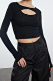 Stil Kadın 2li Cut Out Detaylı Fitted Vücuda Oturan Fitilli Esnek Bluz Crop Örme Slim Kalıp