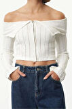 Stil Kadın Fermuar Detaylı Kısa Normal Kalıp Bluz Crop Örme Regular Kalıp Reglan Kol