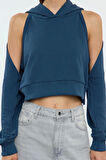 Tarz Slim Kapüşonlu Düşük Kol Regular Bolero Detaylı Normal Kalıp Crop Kısa Örme Sweatshirt