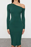 Moda Stil Slim Asimetrik Yaka Midi Boy Fitted Vücuda Oturan Fitilli Esnek Örme Elbise