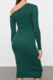 Moda Stil Slim Asimetrik Yaka Midi Boy Fitted Vücuda Oturan Fitilli Esnek Örme Elbise