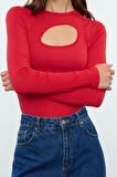 Stil Kadın Cut Out Detaylı Fitted Vücuda Oturan Fitilli Esnek Bluz Regular Örme Slim Kalıp