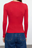 Stil Kadın Cut Out Detaylı Fitted Vücuda Oturan Fitilli Esnek Bluz Regular Örme Slim Kalıp