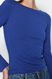 Stil Kadın Pamuklu Fitted Vücuda Oturan Esnek Bluz Crop Örme Slim Kalıp