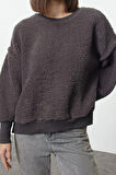 Tarz Relaxed Bisiklet Yaka Düşük Kol Regular Peluş Rahat Kalıp Peluş Örme Sweatshirt